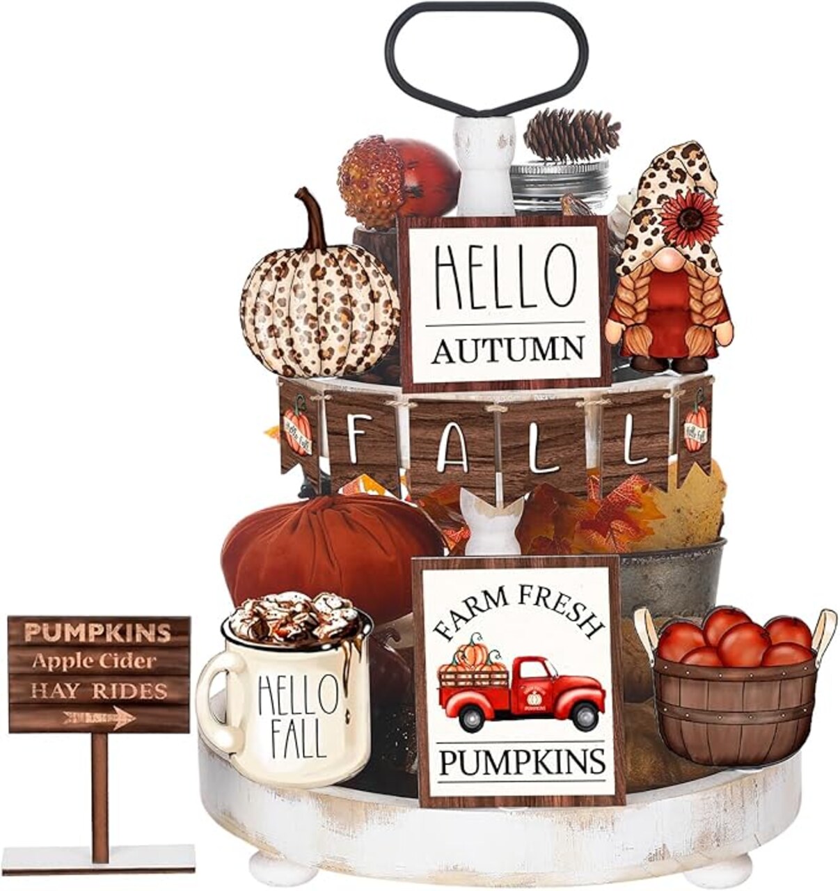13 Pcs Fall Tiered Tray Decor Set Thanksgiving Pumpkin Gnome Wooden Tabletop Signs Leopard Print Gnome Truck Rustic Farmhouse Autumn Harvest Decorative Trays for Home Kitchen